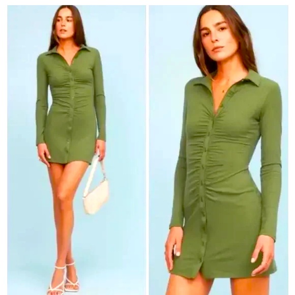 REFORMATION Amy Knit Mini Dress Ribbed Long Sleeve Button Shirt Dress Small - Picture 1 of 6